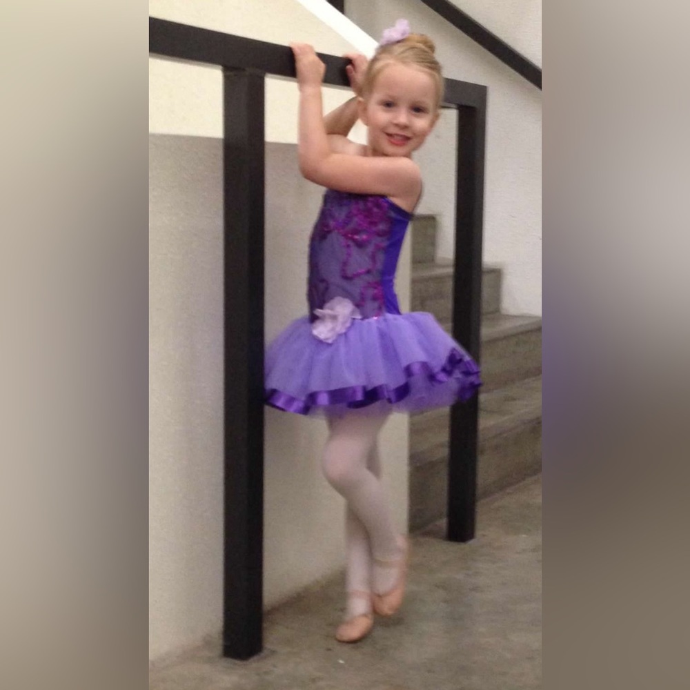 Purple Girls Small Ballet Costume with gold leather flats size 13.5